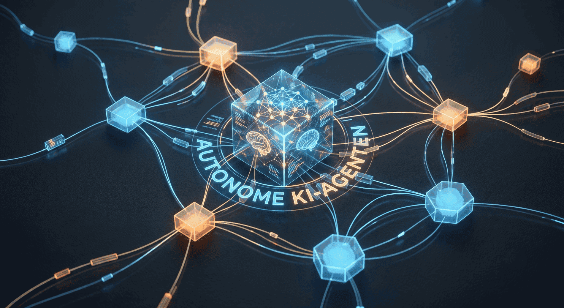 Ein leuchtendes, dezentrales digitales Netzwerk aus miteinander verbundenen Datenknoten als symbolisches Titelbild für den Fachbeitrag über Autonome KI-Agenten im Unternehmen.