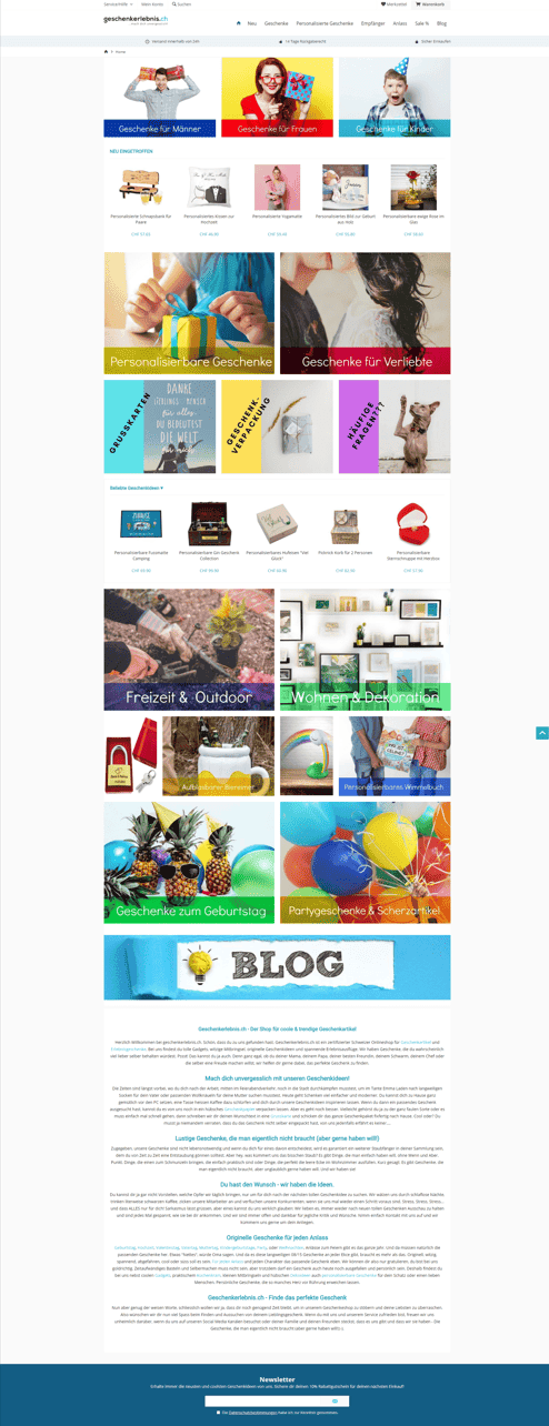 Startseite des realisierten Onlineshops Geschenkerlebnis