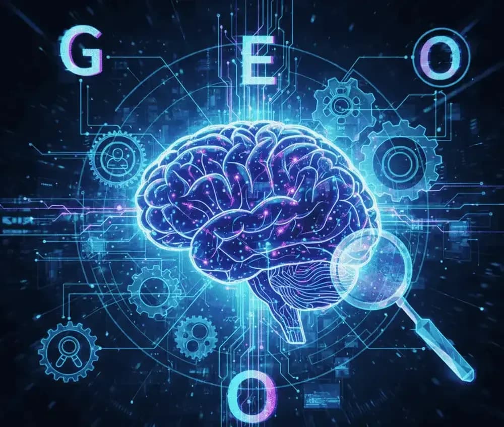 A futuristic illustration of a brain in the centre, which, thanks to blue and purple lighting effects, resembles a networked computer. Arranged around the brain are mechanical cogs, symbols representing artificial intelligence and a magnifying glass. At the top and bottom edges, large, glowing letters spell out the word GEO. The background consists of complex digital circuits.