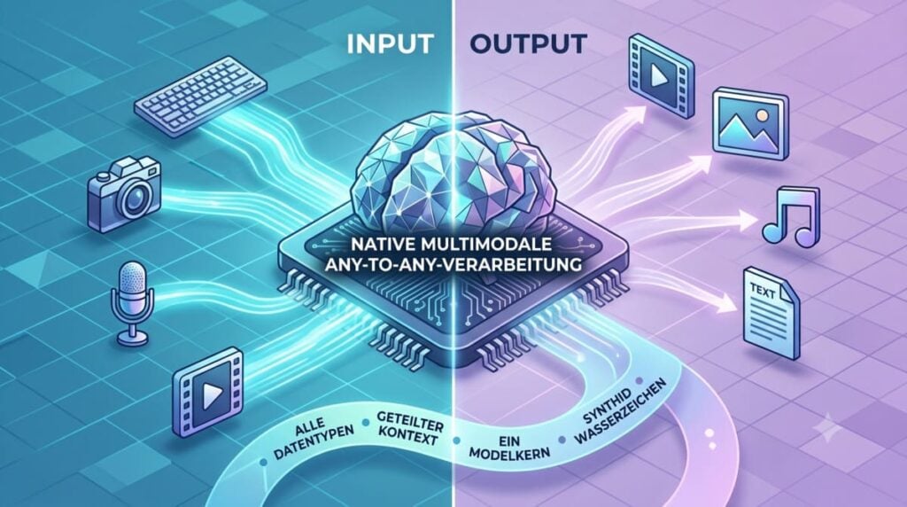 Technische Infografik, die das Konzept der nativen multimodalen Any-to-Any-Verarbeitung in Gemini Omni visualisiert.