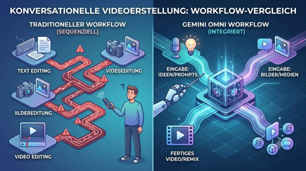 Infografik, die den traditionellen, sequenziellen Video-Workflow mit getrennten Tools dem integrierten, konversationellen Gemini Omni Workflow gegenüberstellt.