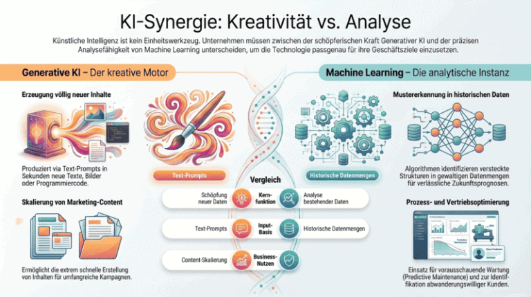 Infografik „KI-Synergie: Kreativität vs. Analyse