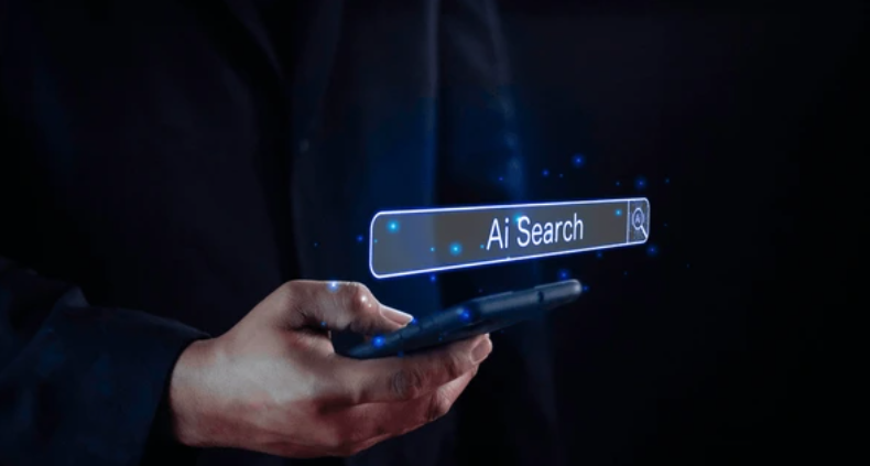 Eine Hand tippt, und die Suchmaschine antwortet mit KI-angereicherten Ergebnissen. Statt endloser Links gibt es klare Antworten, Visualisierungen und Handlungsempfehlungen – die Zukunft der Informationsbeschaffung.