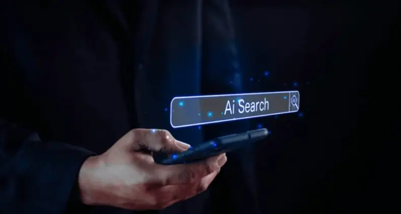 Eine Hand tippt, und die Suchmaschine antwortet mit KI-angereicherten Ergebnissen. Statt endloser Links gibt es klare Antworten, Visualisierungen und Handlungsempfehlungen – die Zukunft der Informationsbeschaffung.